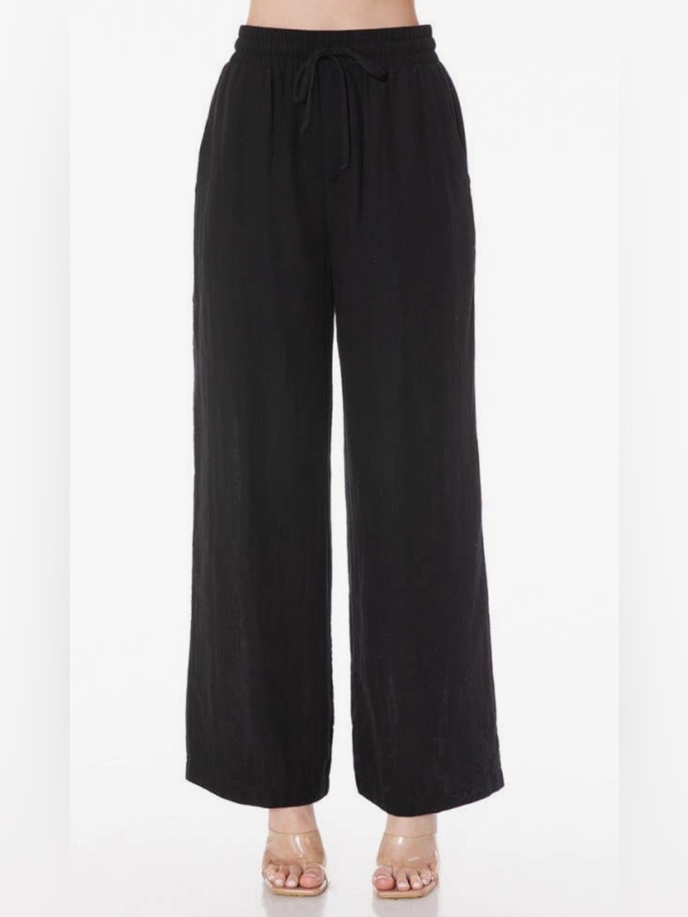 Cotton Double Gauze draw string Wide-Leg Long
Pants With Side Pockets